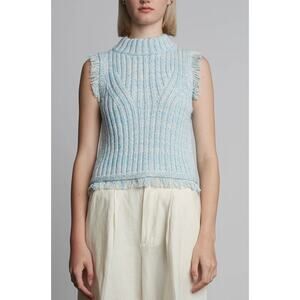 Eleven Six Bria Ribbed Fringe-Trim Robin Blue Tweed 100% Cotton Tank Top-Size M